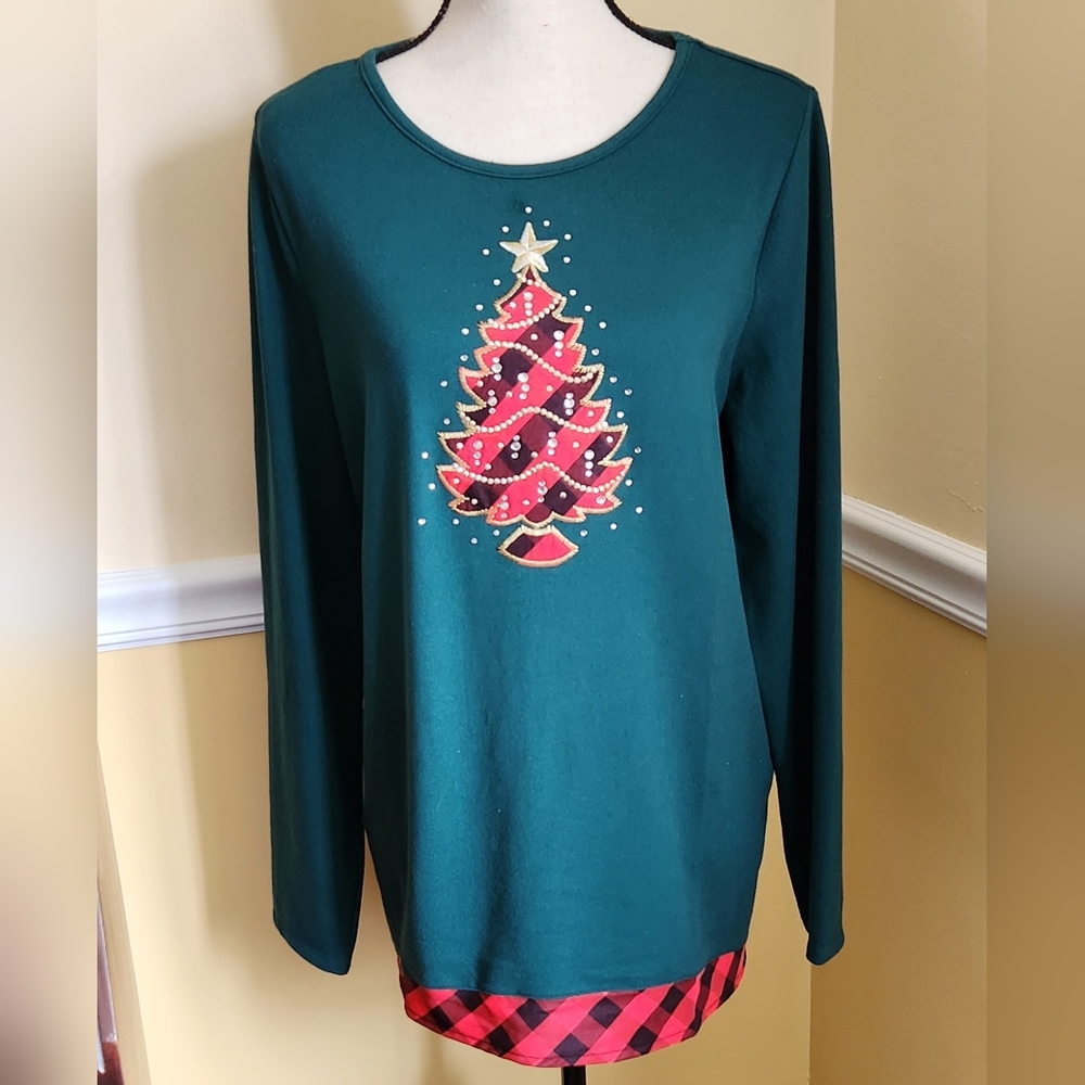 Quacker Factory Festive Green Christmas Tree Sweater EUC Size Medium